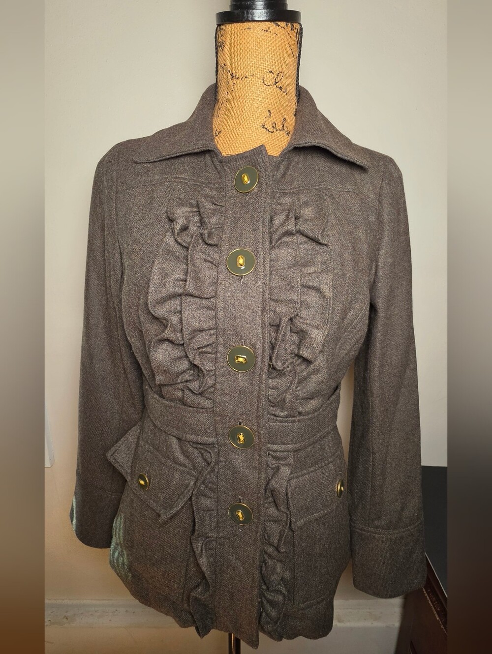 Anthropologie Brown Ruffle-Front Wool-Blend Pea Coat